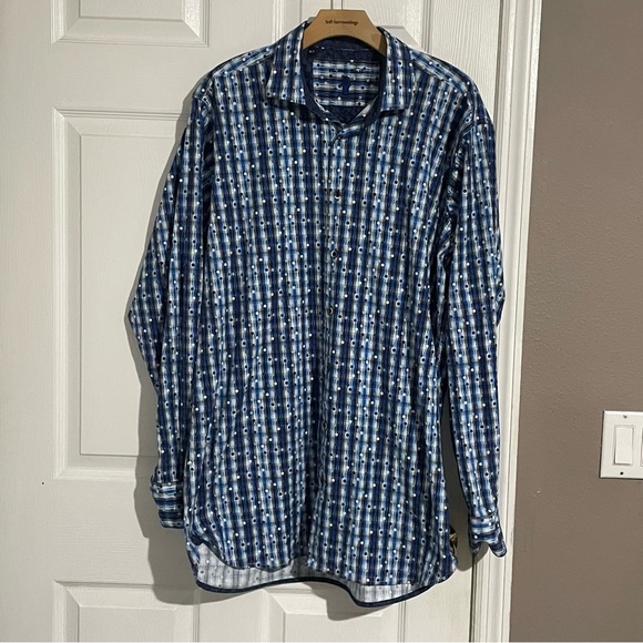 Luchiano Visconti Black Shirt Mens XLT Blue Polka Dots Flip Cuff Preppy Designer - Picture 1 of 10